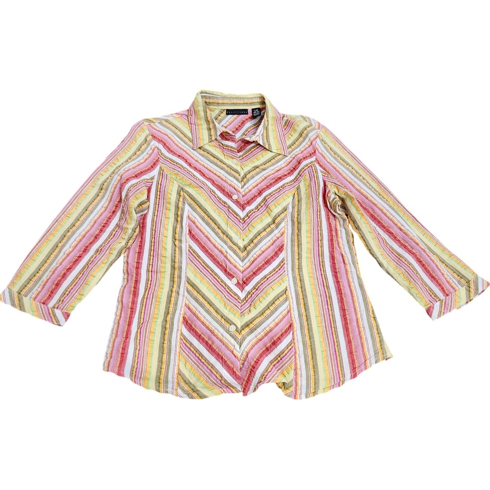 Apostrophe Womens L 3/4 Sleeve Button Up Shirt Multicolor Chevron Stripe Lurex